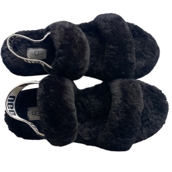 UGG Black Fluffy Oh Yeah Slides with Logo Strap - Picture 5 of 7